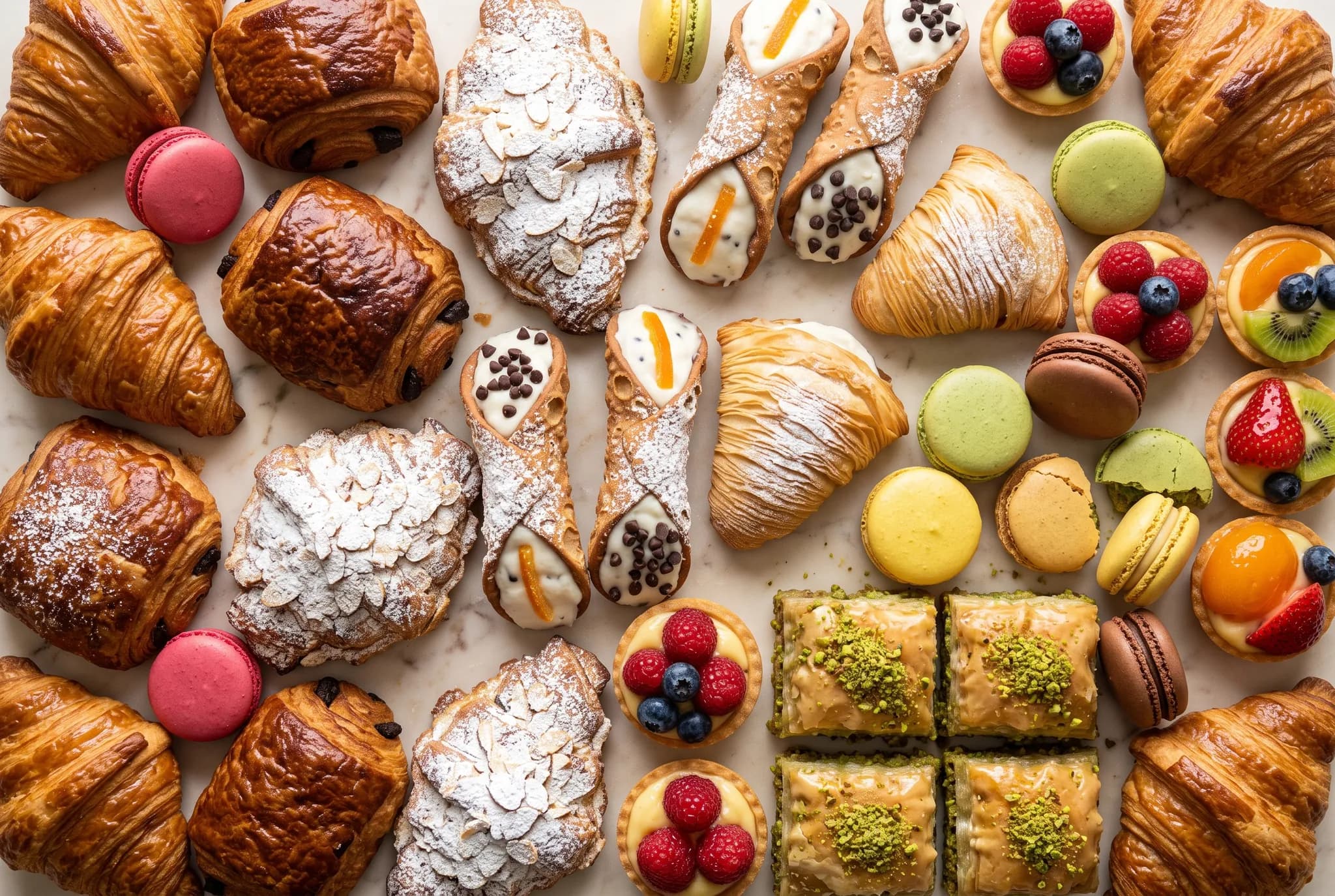 Overhead spread of croissants, cannoli, sfogliatelle, macarons, tarts, and baklava