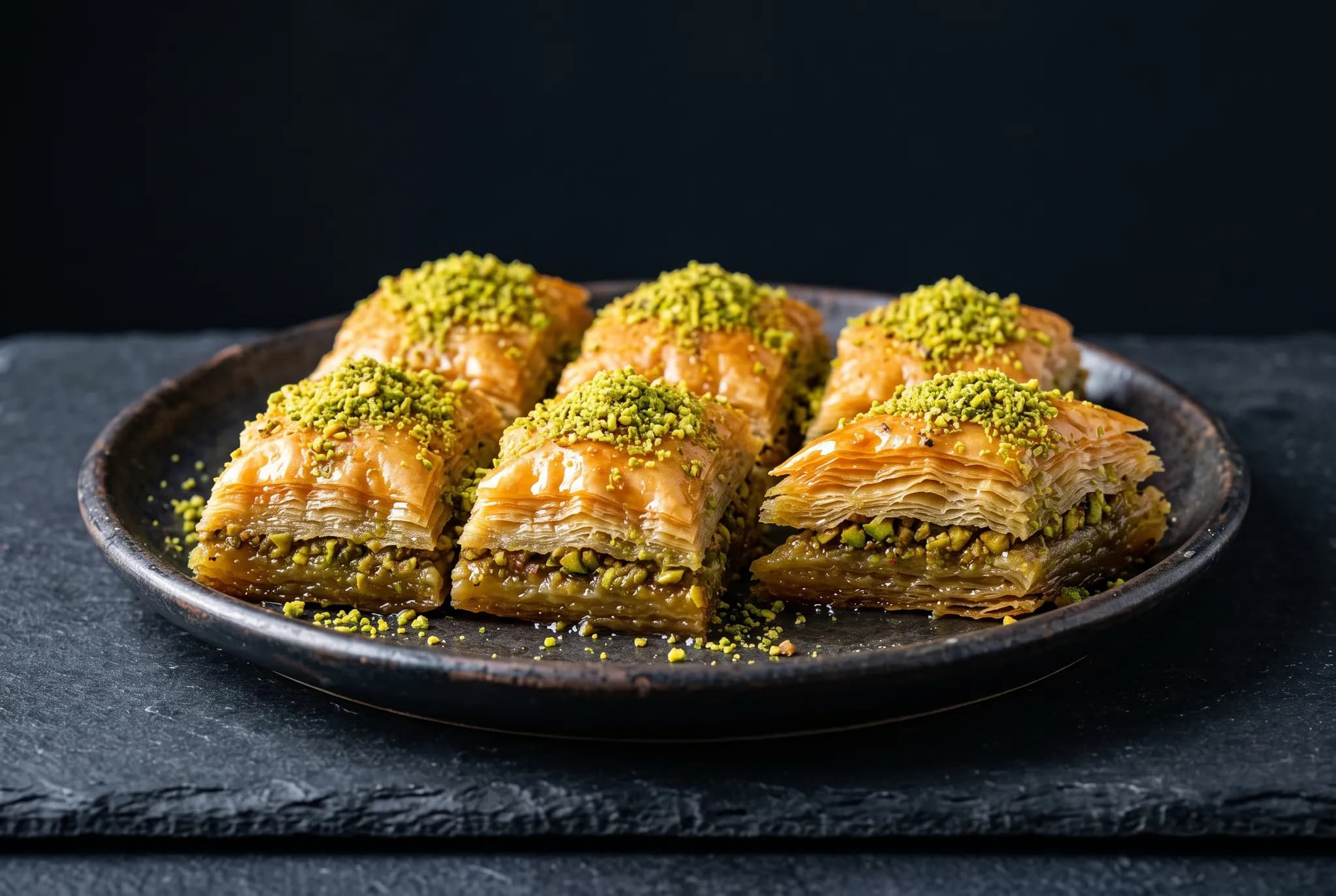 Pistachio baklava with glossy syrup on a dark ceramic plate