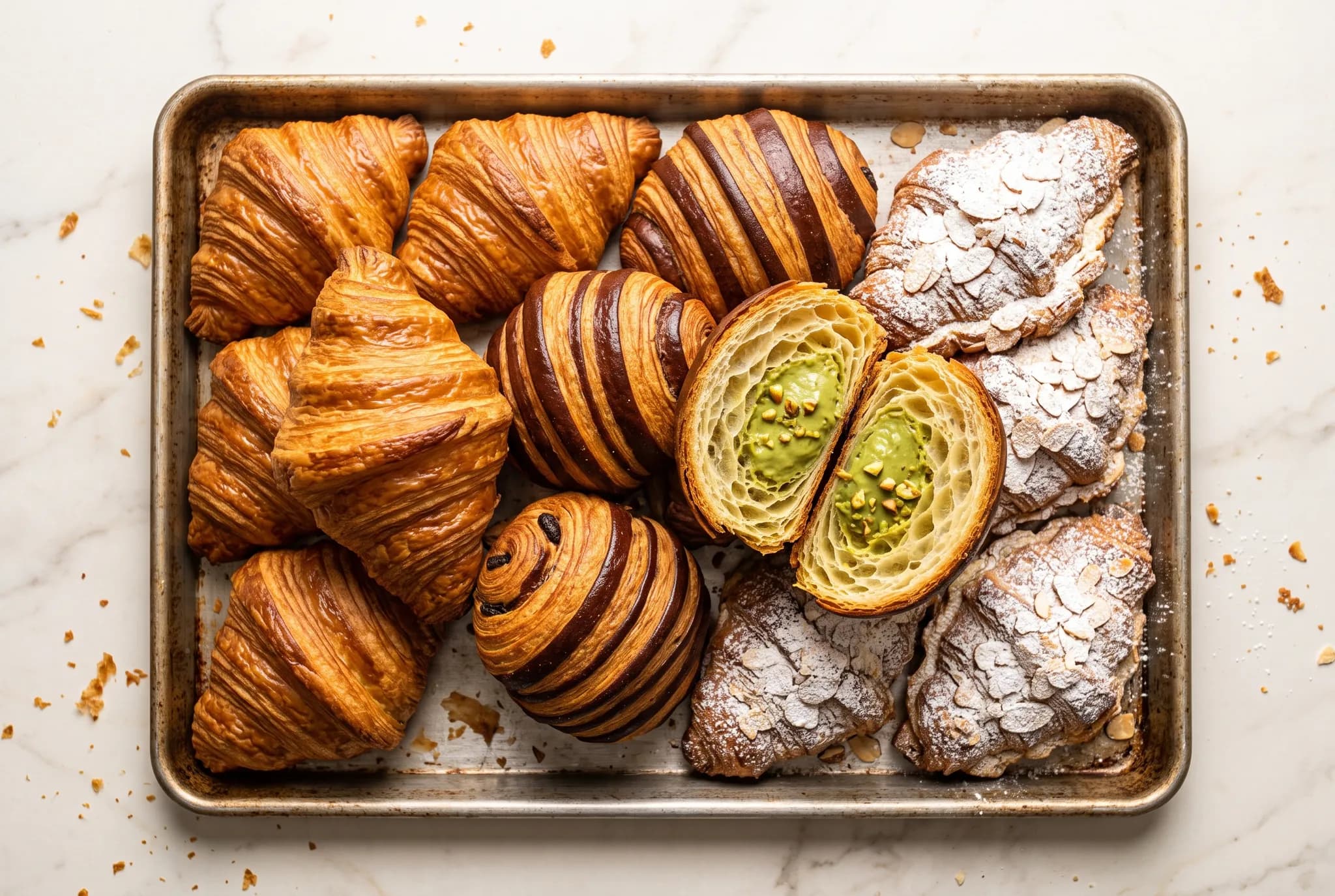 Tray of butter, chocolate, and almond croissants fresh from the oven