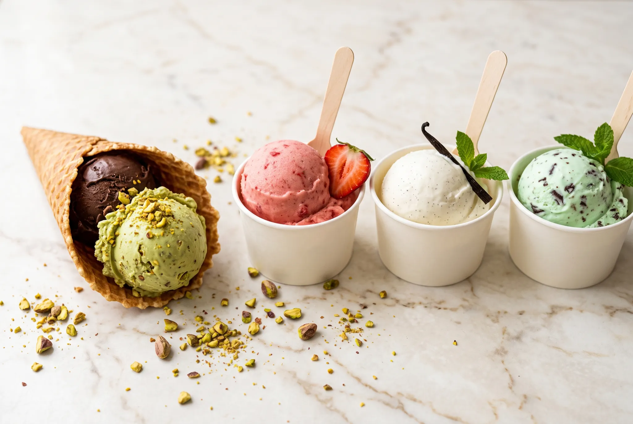 Waffle cone of pistachio and chocolate gelato beside cups of strawberry, vanilla, and mint
