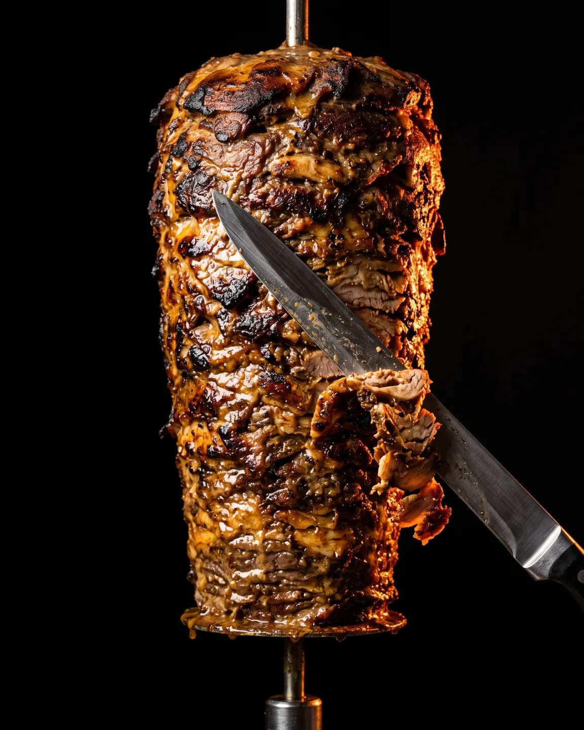 Doner spit with charred edges and a carving knife in ember light