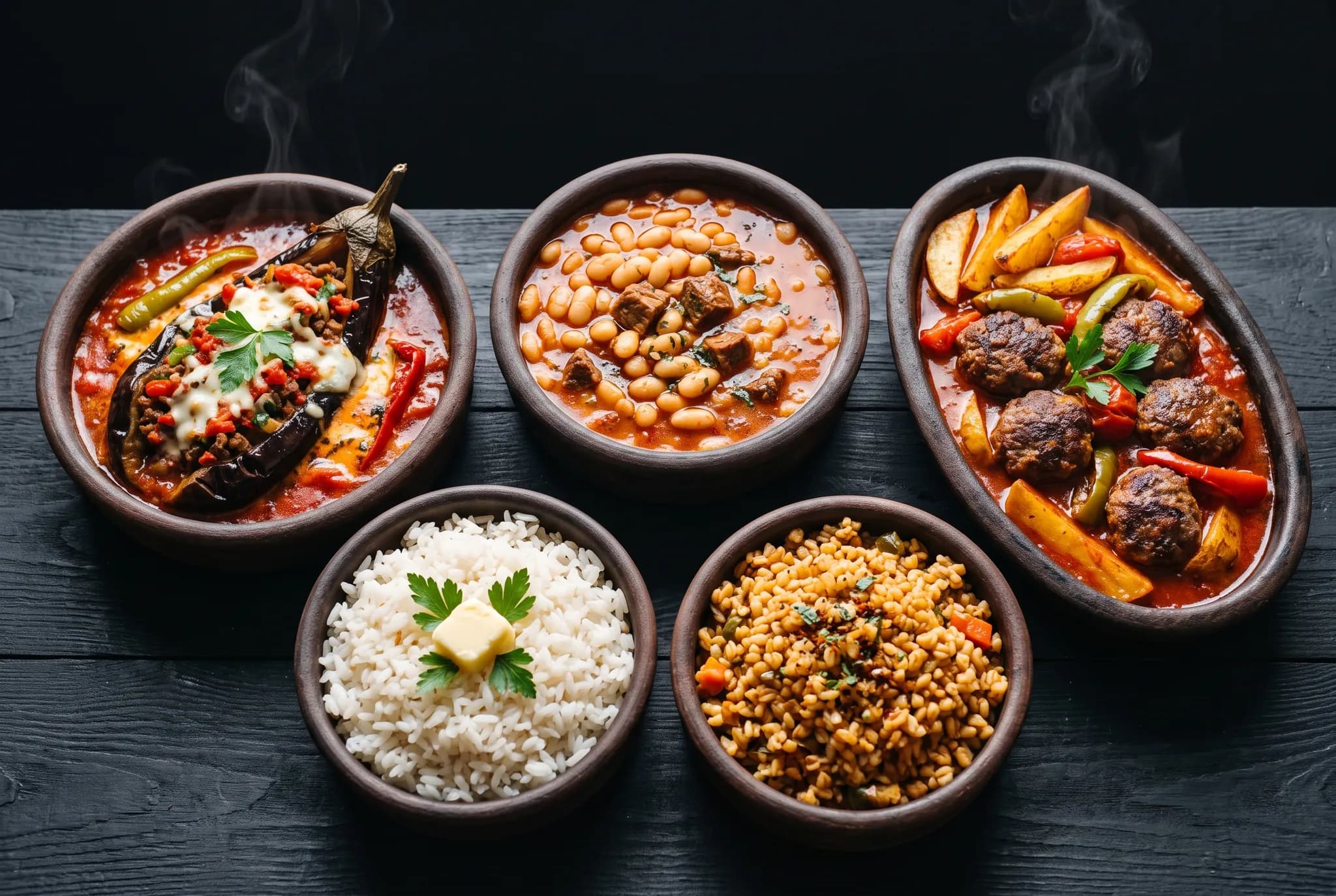 Earthenware bowls of stuffed eggplant, white beans with beef, and meatballs in tomato sauce