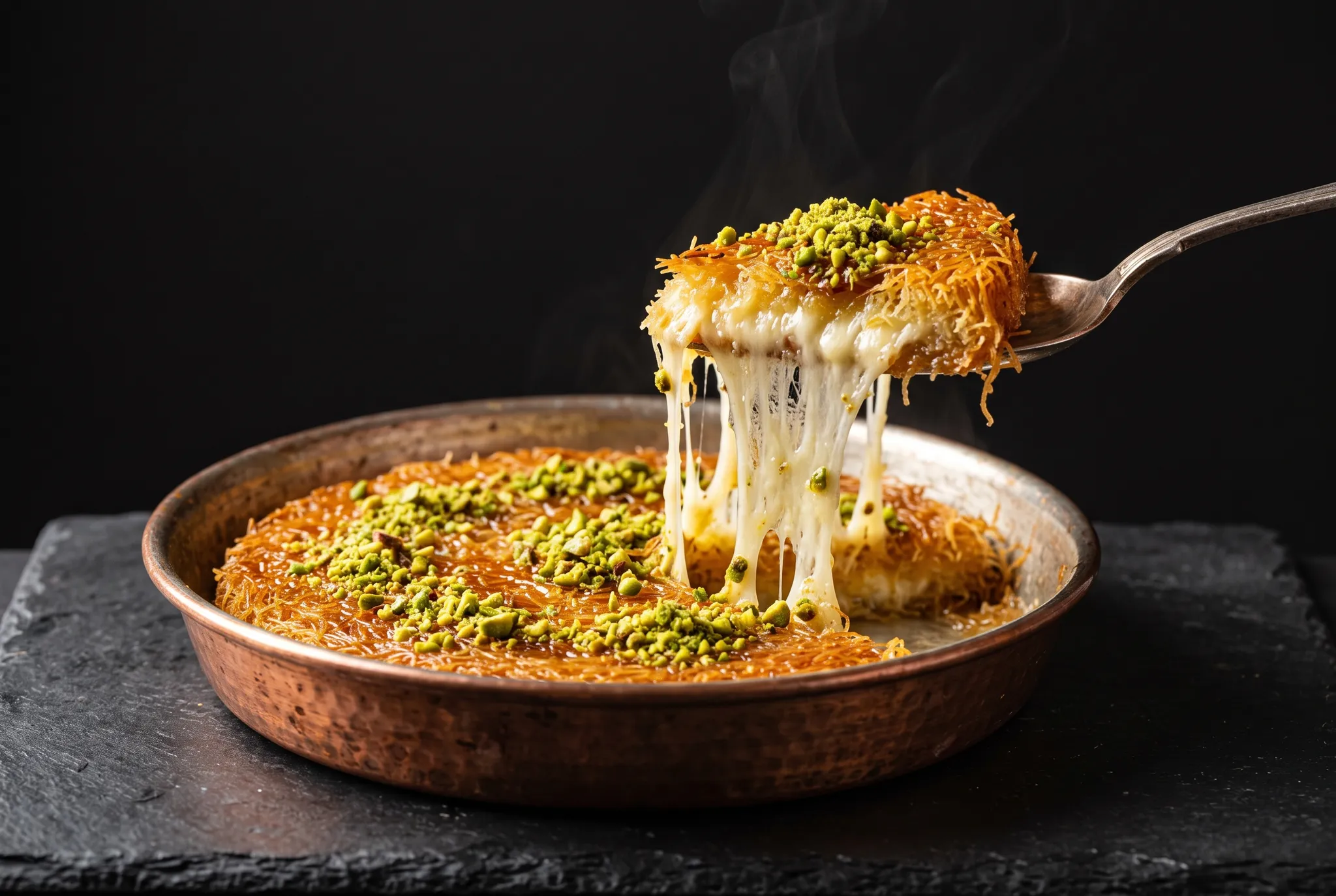 Kunefe in a copper pan with a long cheese pull and pistachio
