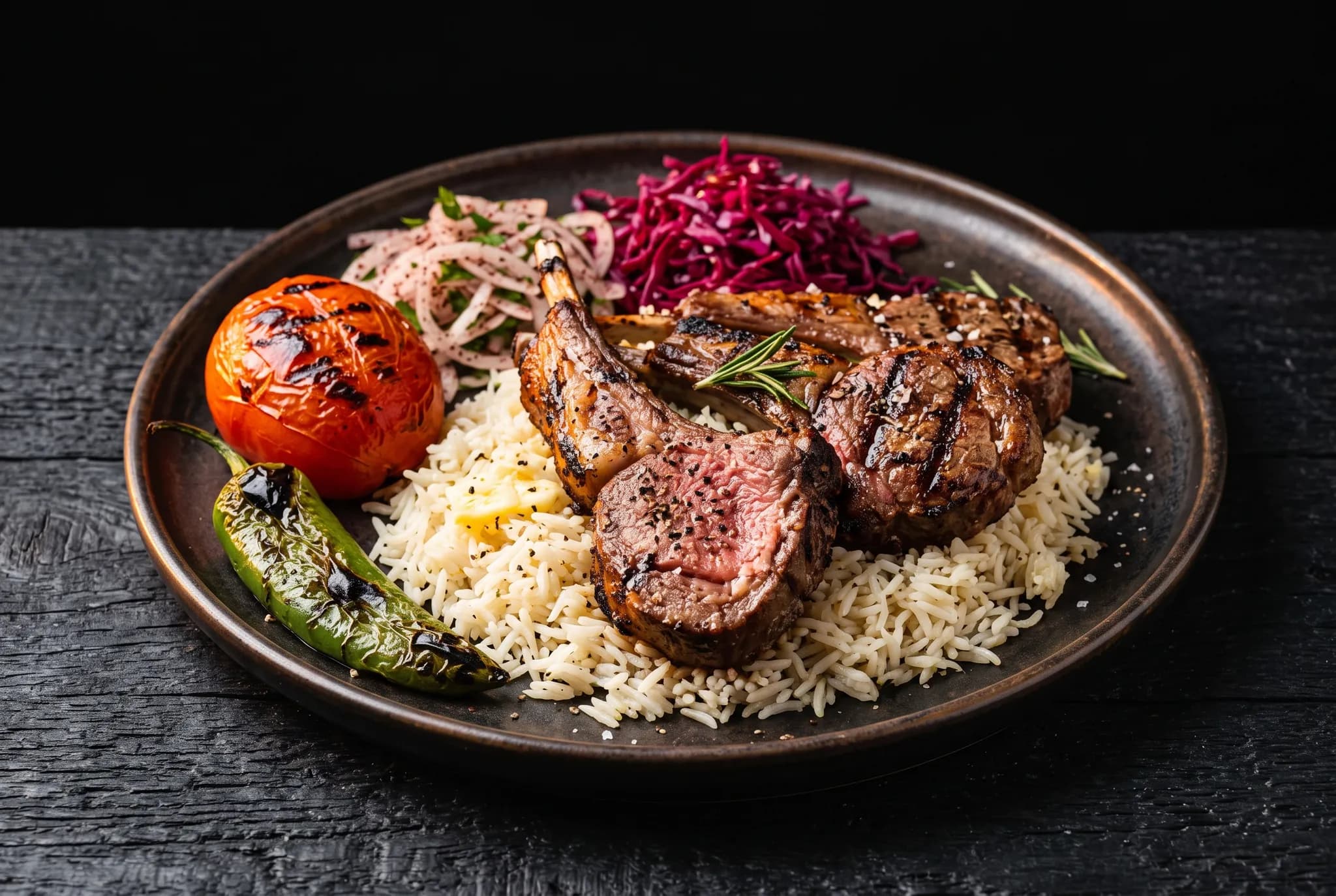 Four grilled lamb chops over rice with charred tomato, pepper, and sumac onions