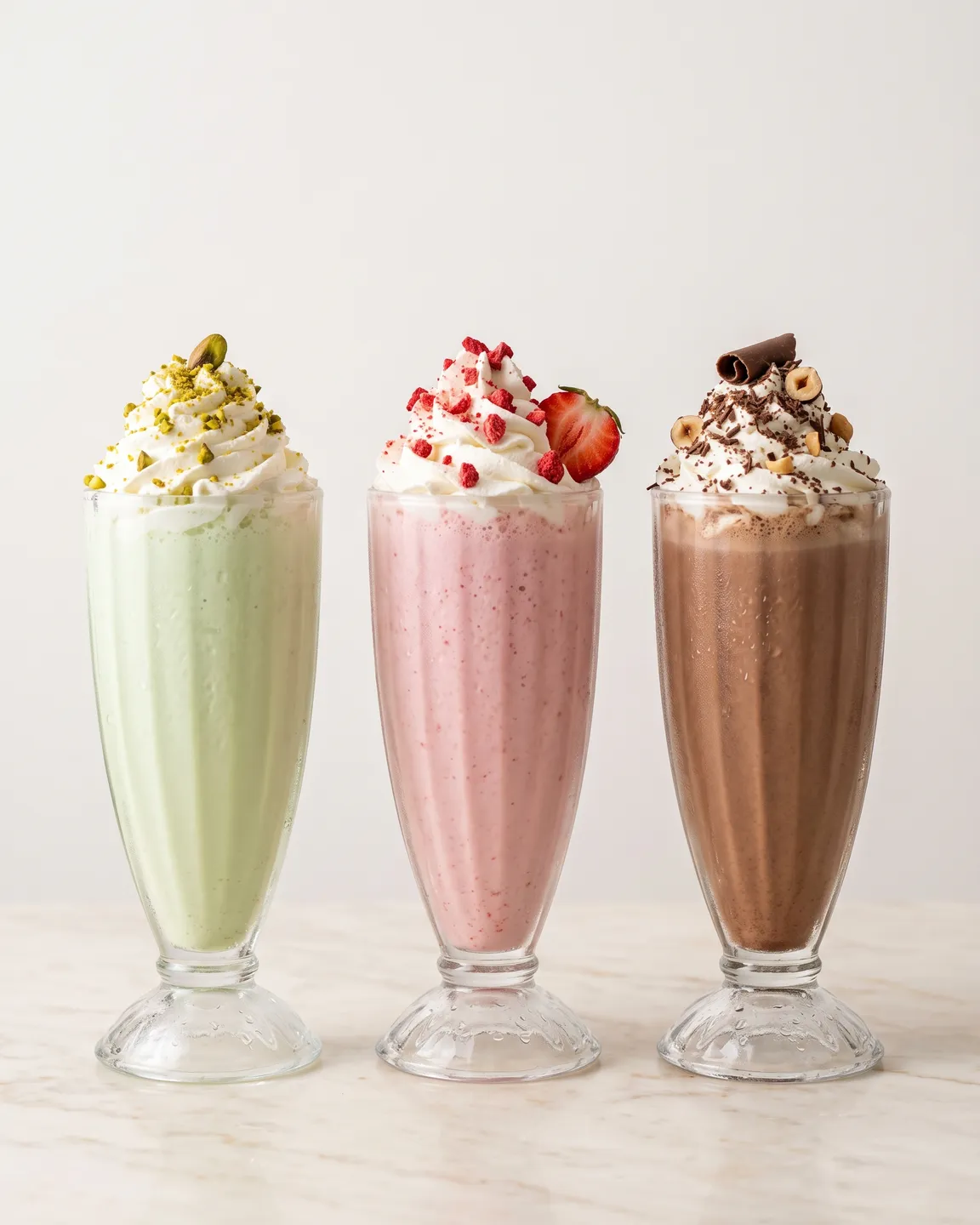 Three milkshakes in fluted glasses topped with whipped cream