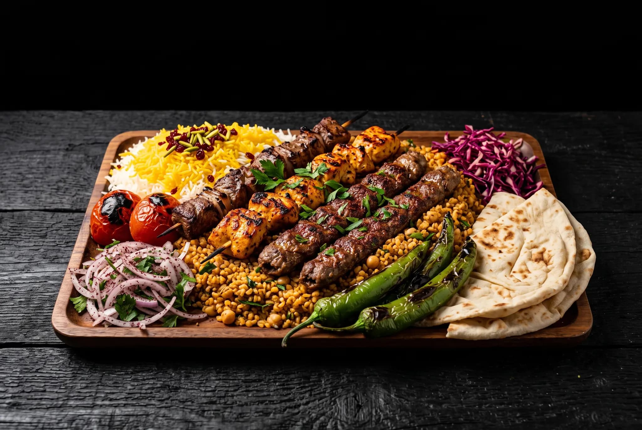 Mixed grill platter with lamb, chicken, and koobideh skewers over rice and bulgur