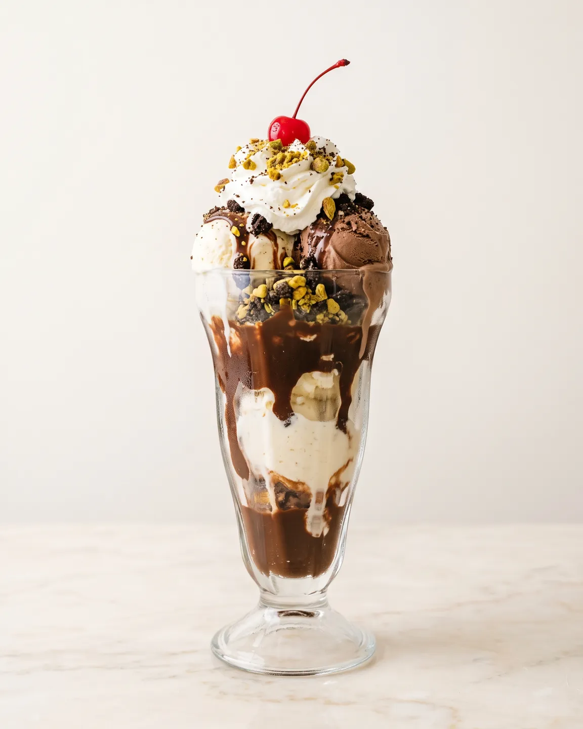 Tall sundae glass with ice cream, hot fudge, whipped cream, and pistachios
